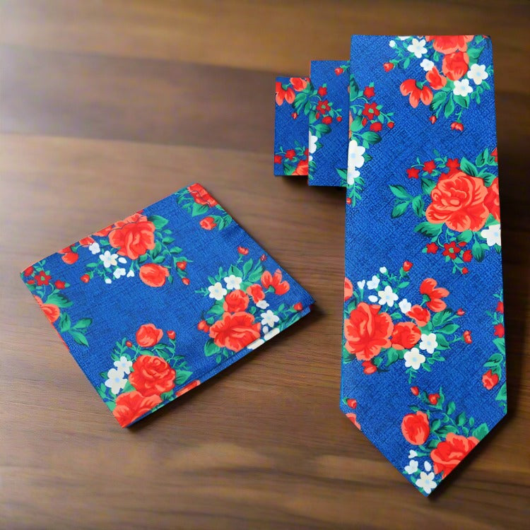 Elegant Floral Silk Necktie with red roses and green leaves, showcased against a plain background.