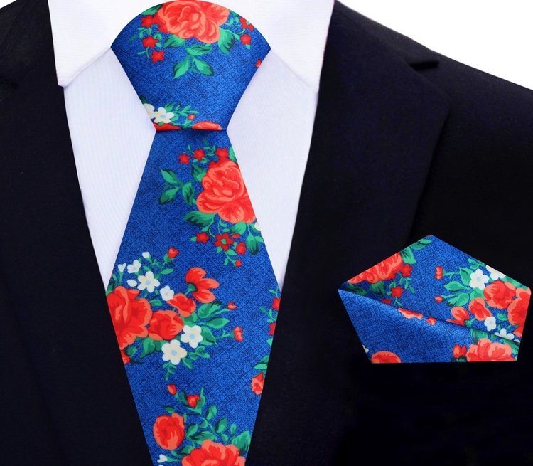 Elegant Floral Silk Necktie with red roses and green leaves, showcased against a plain background.