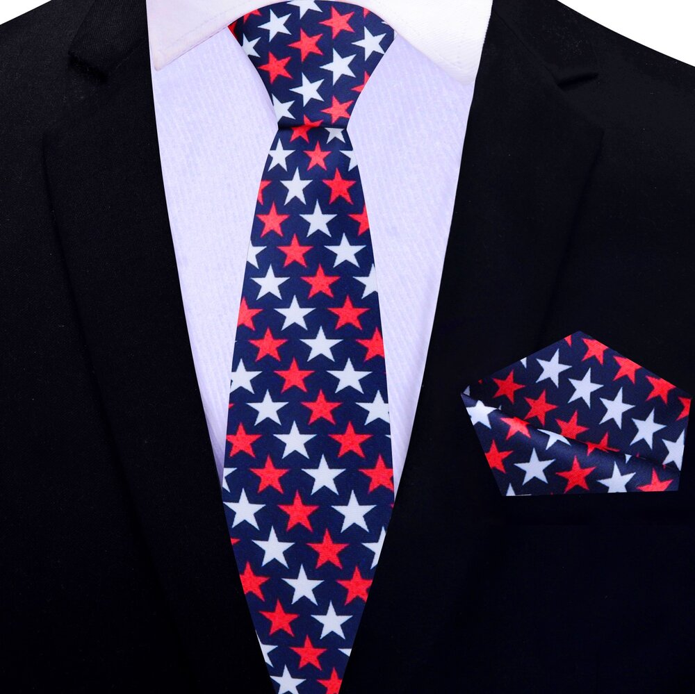 Man wearing patriotic tie with navy suit for Independence Day
