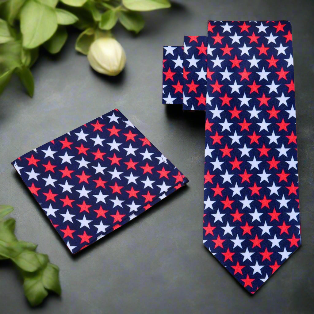 Close-up of patriotic mens necktie showcasing red, white, and blue colors