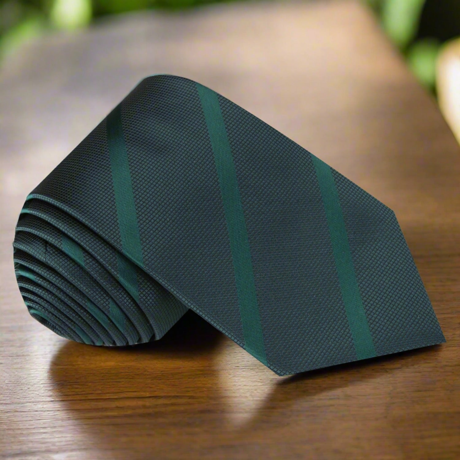 Deep green stripe silk necktie draped over a suit for formal wear