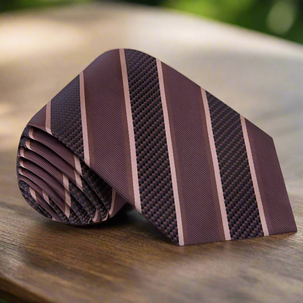 Formal striped tie with pocket square set, styled elegantly with a charcoal grey suit.