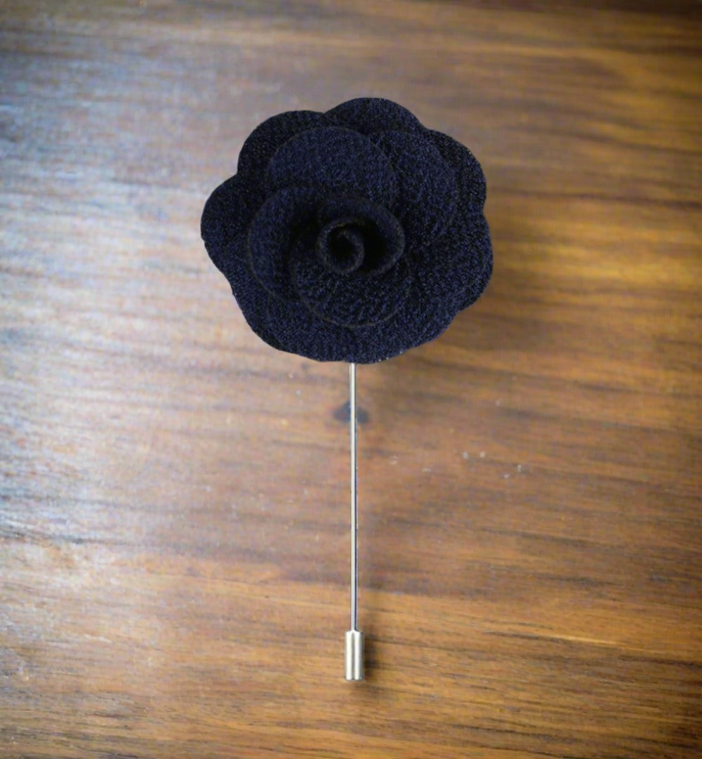 Side view of the brooch pinned to a suit lapel, showcasing how to use flower lapel pin with formalwear