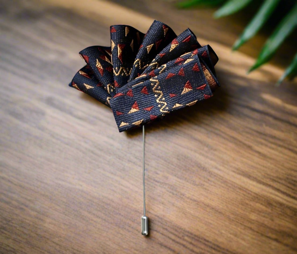 Elegant lapel pin pocket square set in blue with grey edges, showcasing versatility.