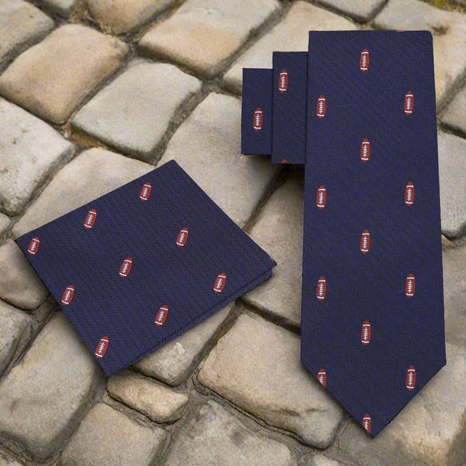 Styled football tie paired with a pale blue shirt and charcoal suit for office wear