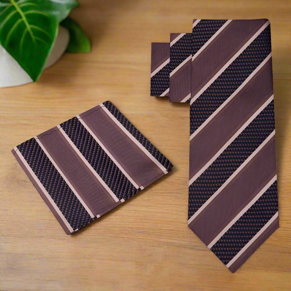 Elegant silk necktie and handkerchief set displayed on a wooden surface for networking events
