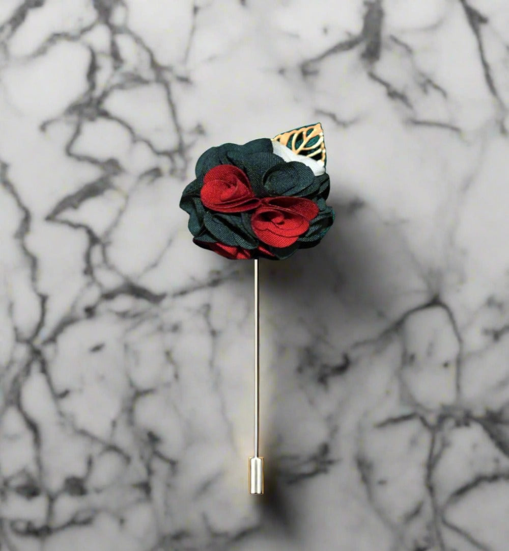 Stylish green flower lapel pin worn on a suit for a formal event.