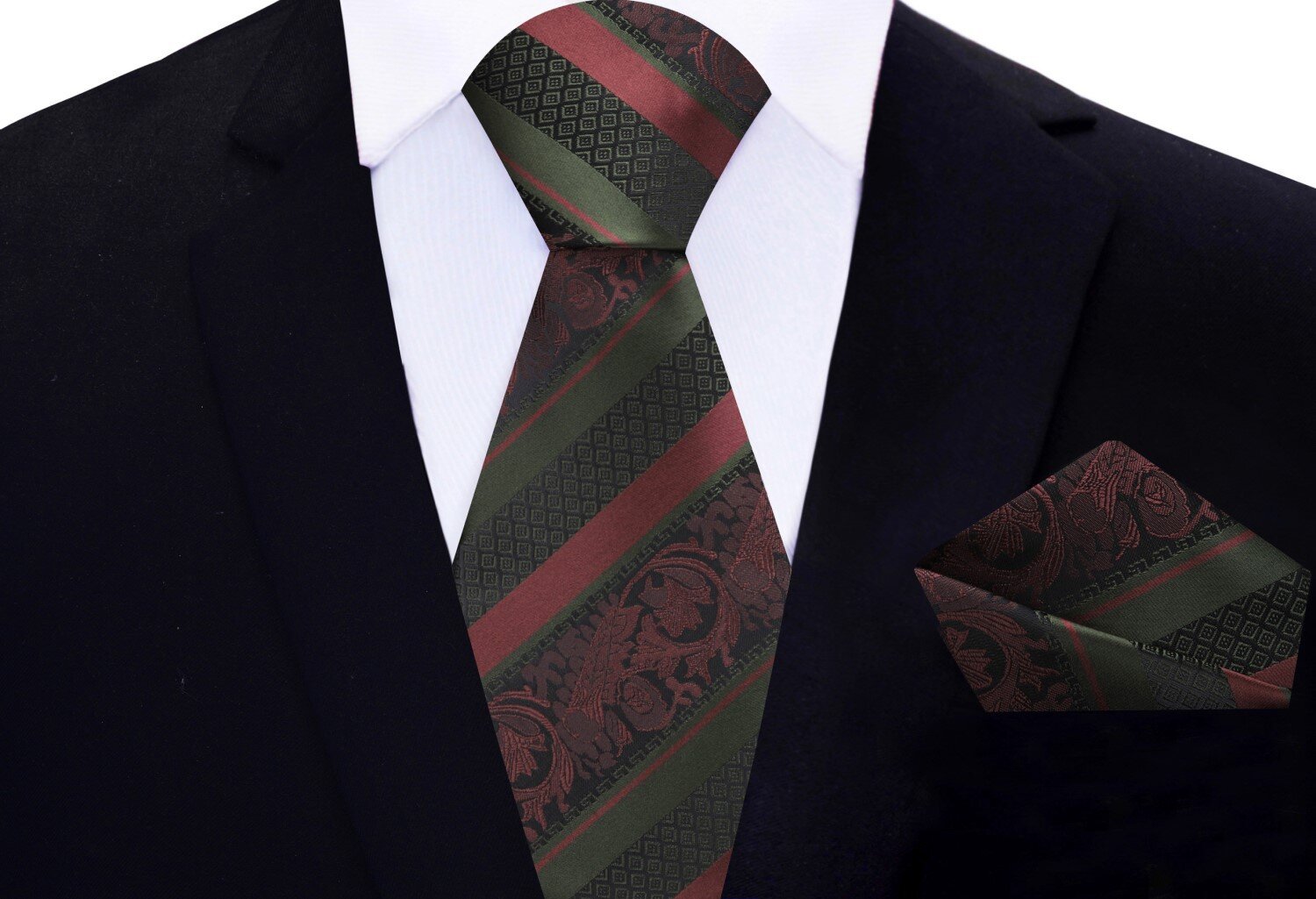 Brown and mint green silk tie with paisley and stripe design, ideal for weddings and formal events.