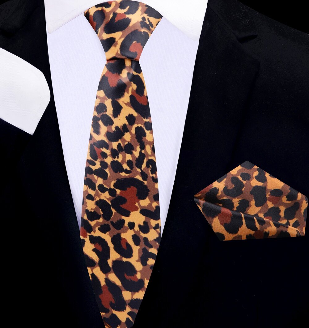 Cheetah print necktie paired with a classic white dress shirt and charcoal grey suit.