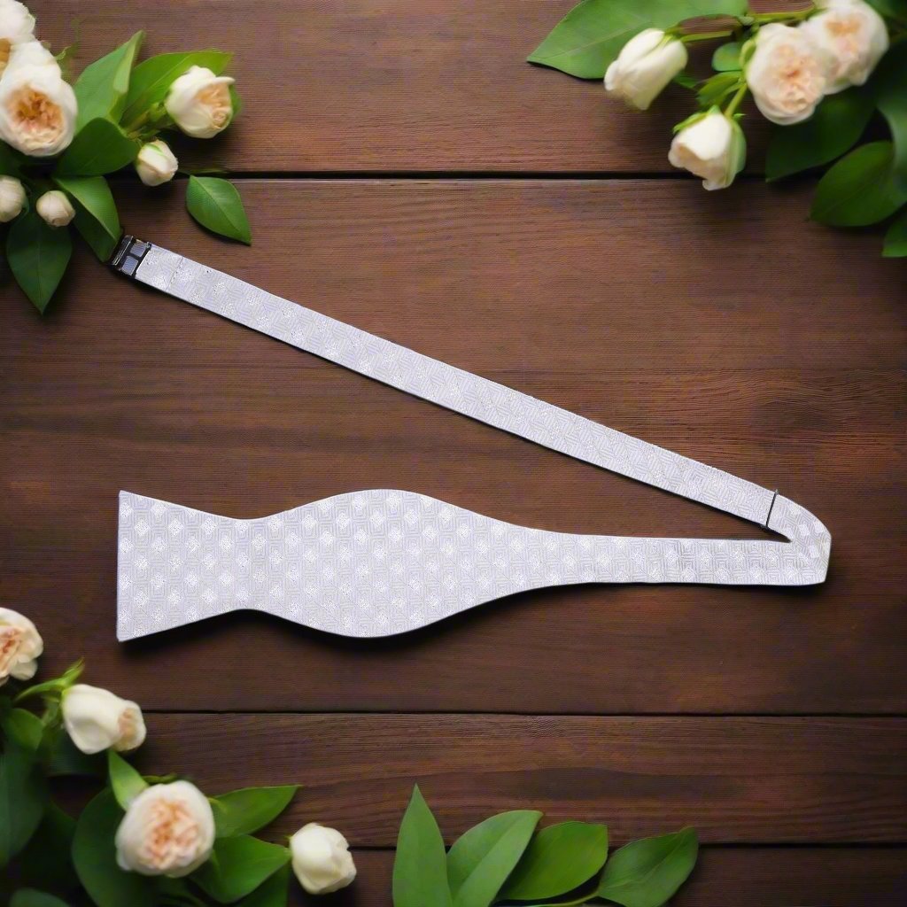 Close-up of elegant silk bow tie with pearl and silver tones on a white dress shirt