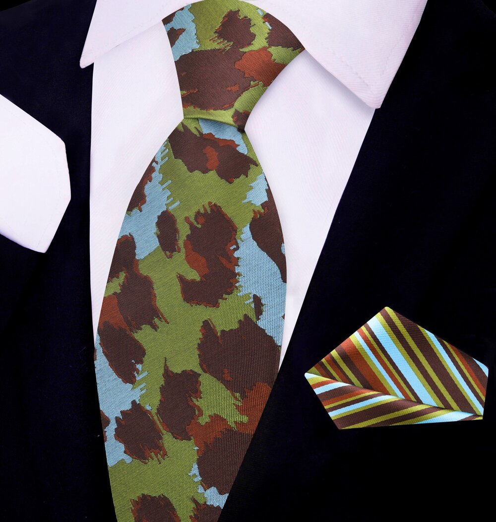 Close-up of cheetah print silk tie on a mannequin, highlighting the bold pattern and vibrant colors