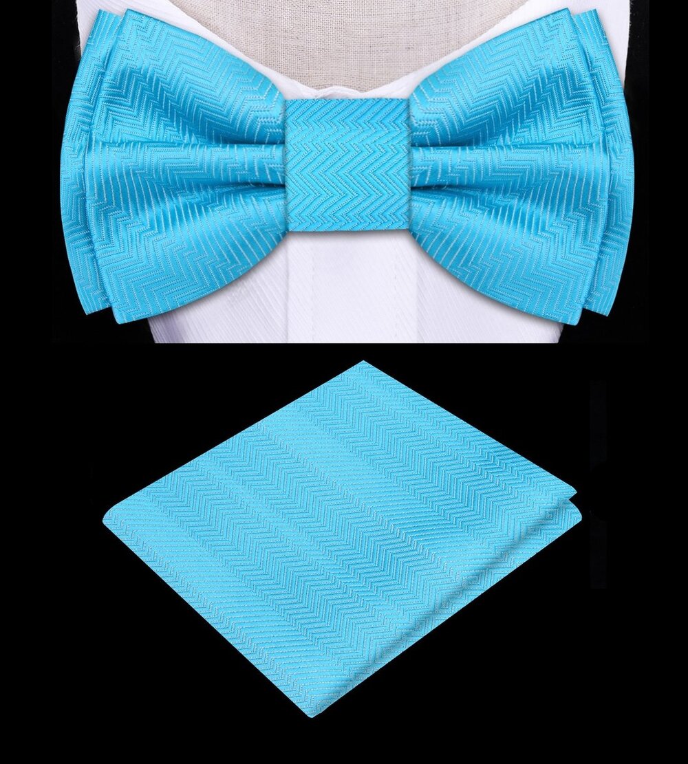 Electric blue kids bow tie set displayed with accessories for a formal look.