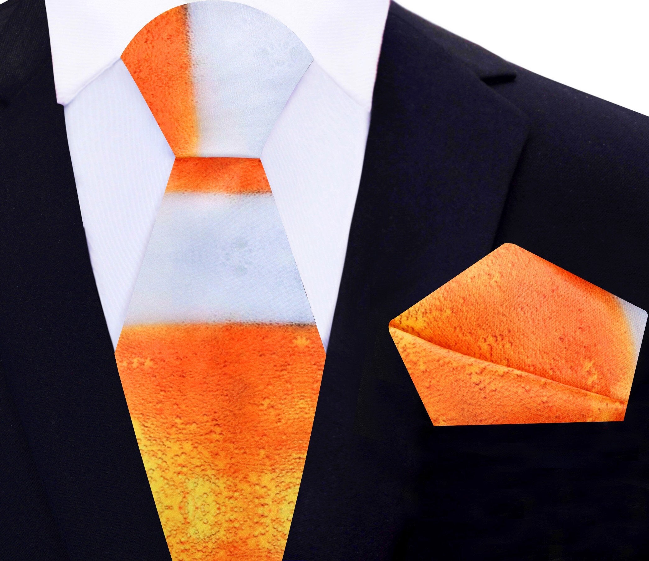 Close-up of the fresh draft beer necktie featuring golden amber colors, perfect for parties.