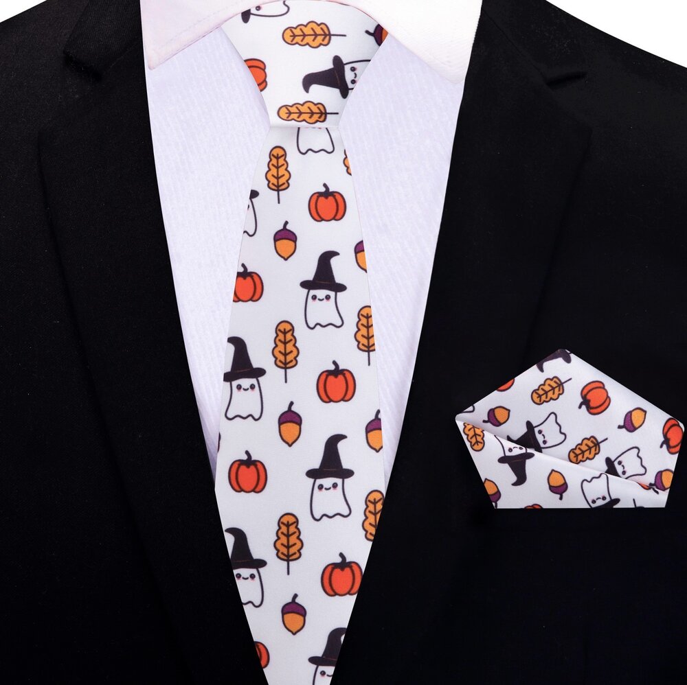 Close-up of Halloween necktie with ghosts and pumpkins design