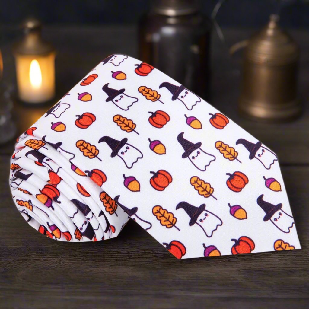 Close-up of Halloween necktie with ghosts and pumpkins design