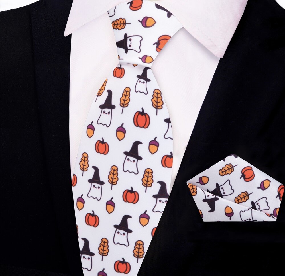 Man wearing stylish Halloween themed silk necktie at party