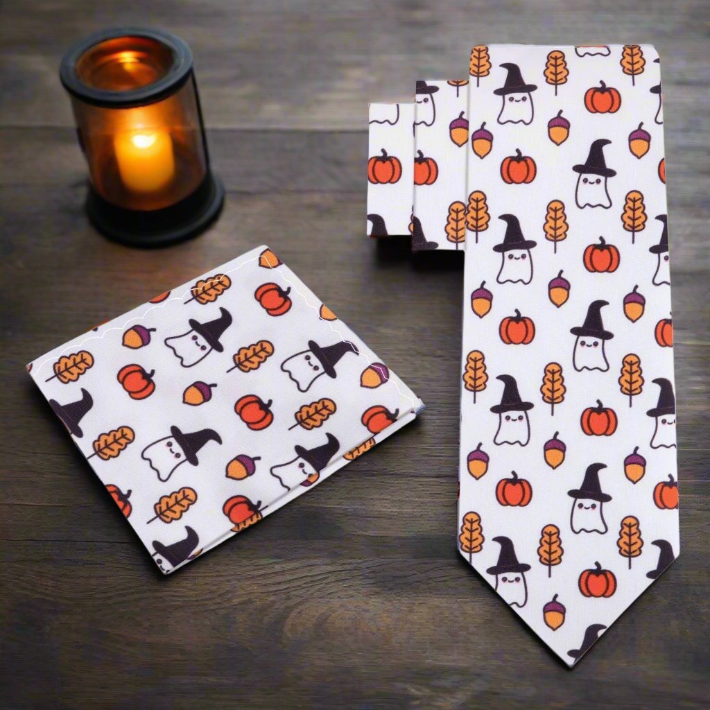 Silk necktie with festive Halloween motifs paired with dress shirt