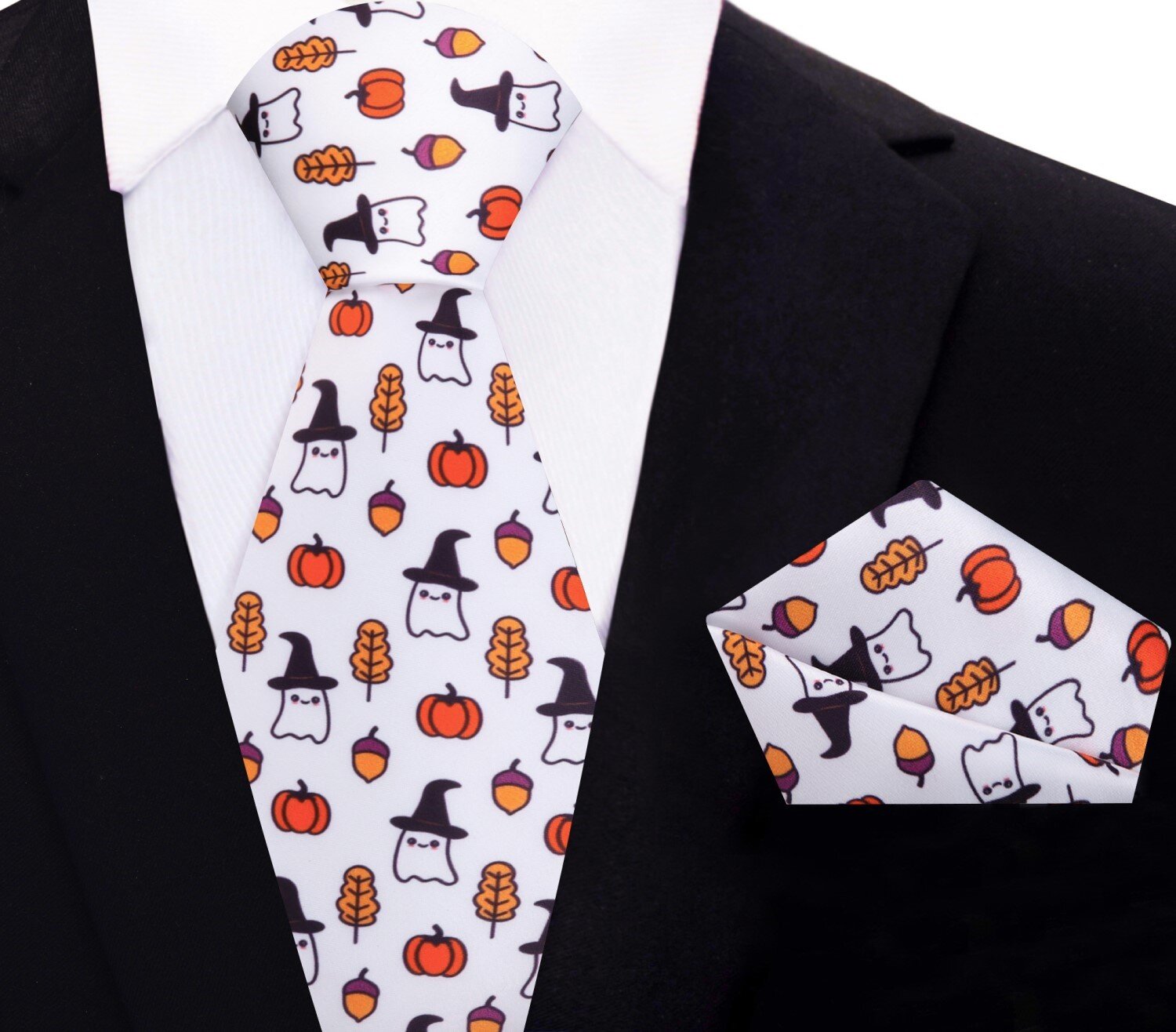 Silk necktie with festive Halloween motifs paired with dress shirt