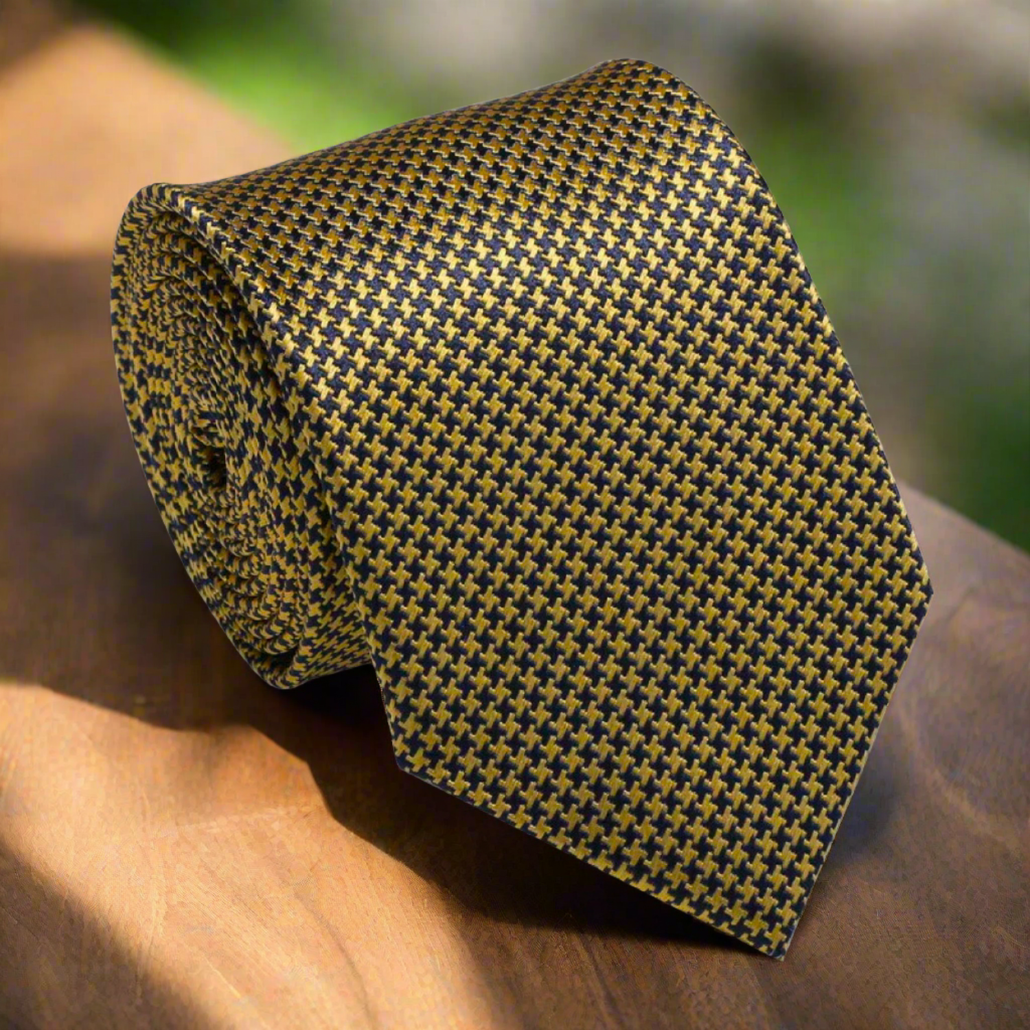 Elegant Gold & Navy Blue Houndstooth Necktie - Front view showcasing the intricate pattern.