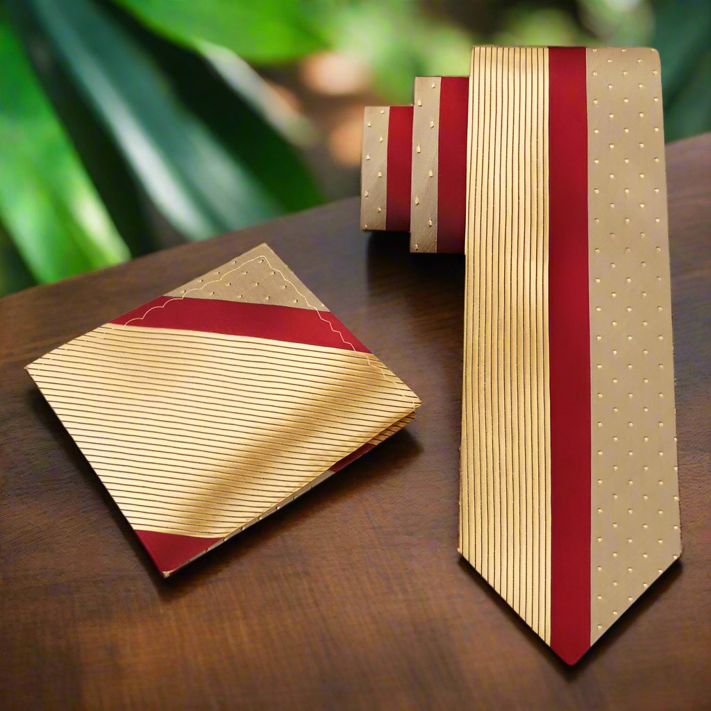 Gold with Burgundy Center Stripe Silk Necktie featured with a pale blue dress shirt.