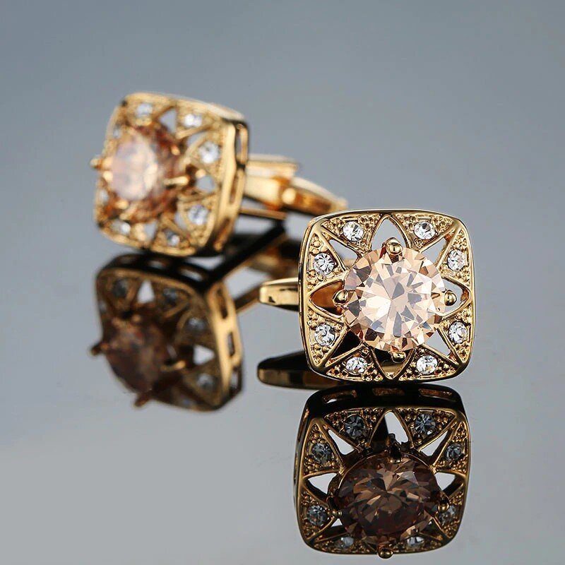 Front view of chrome square cufflinks with clear stones, perfect for formal events