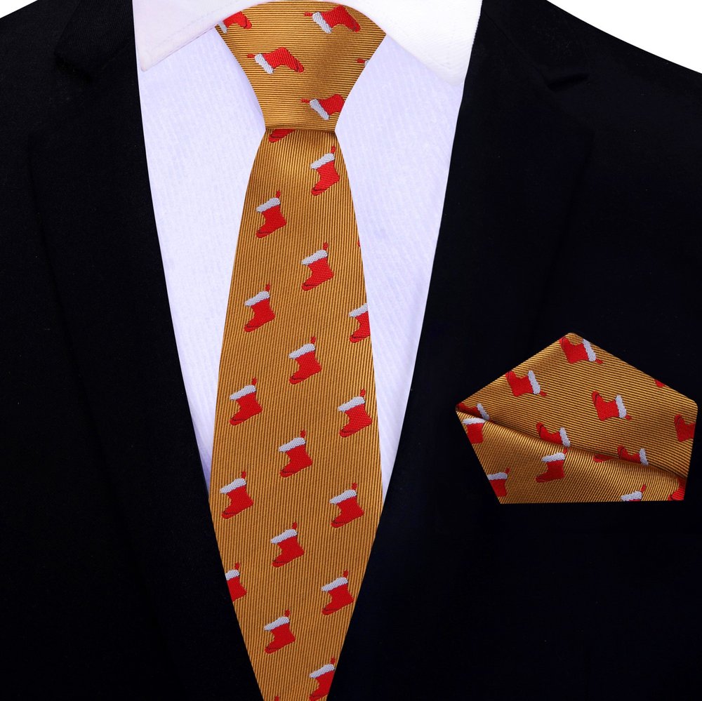 Close-up of Christmas stockings necktie with vibrant colors.