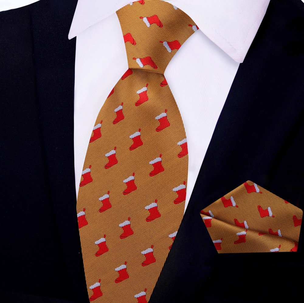 Full view of the Christmas stockings necktie and pocket square set.