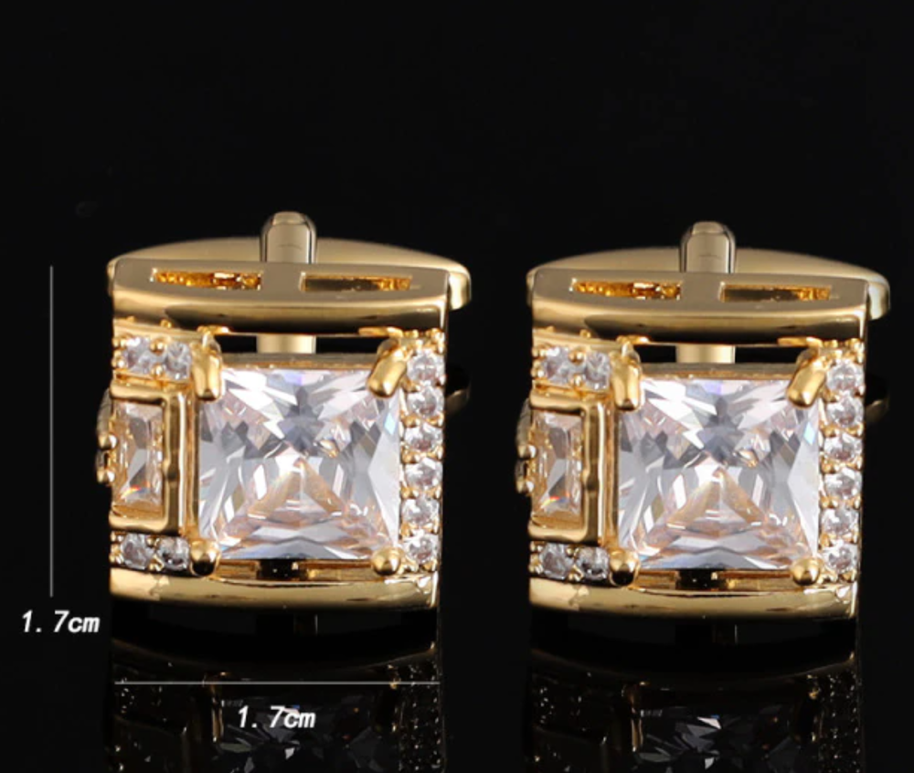 Gold square cufflinks with red and clear stones - perfect for weddings.