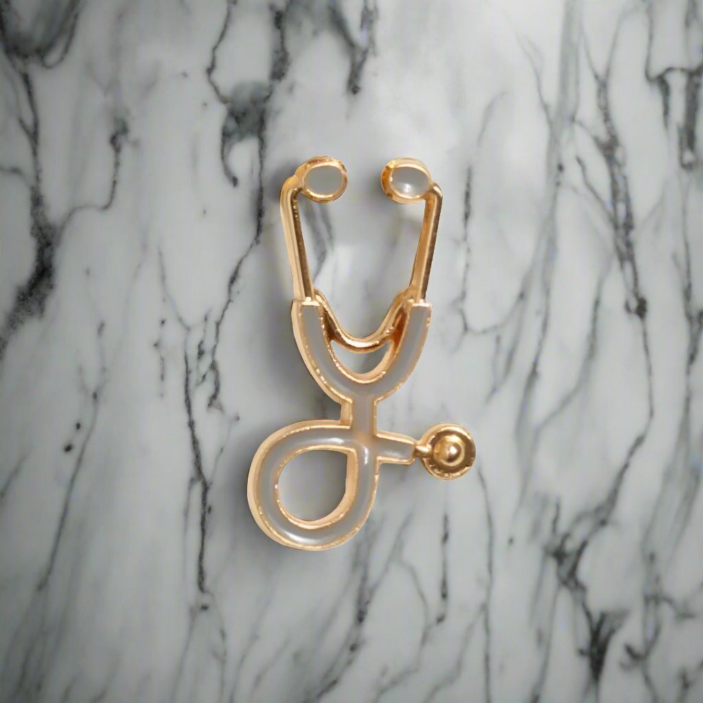 Healthcare professional wearing a stethoscope pin at a medical conference, showcasing dedication.