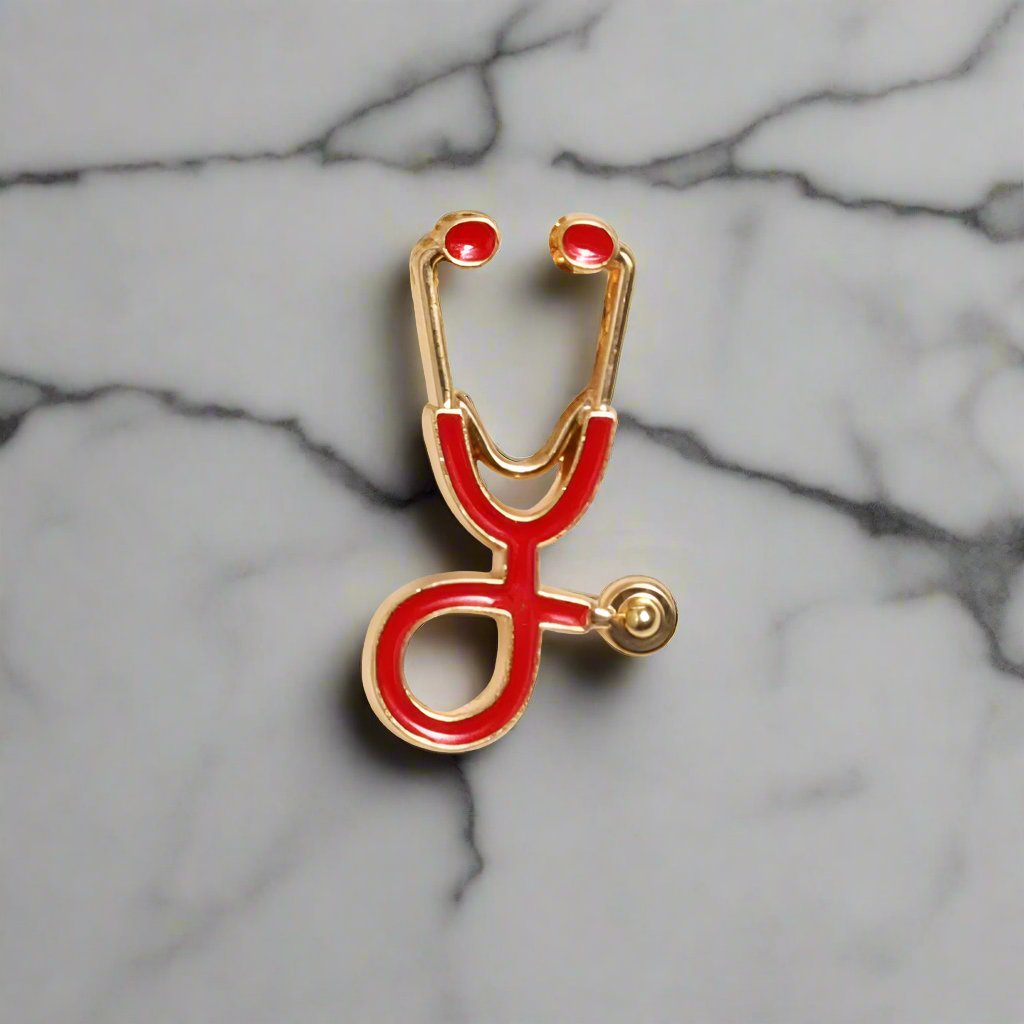Healthcare professional wearing a stethoscope pin at a medical conference, showcasing dedication.