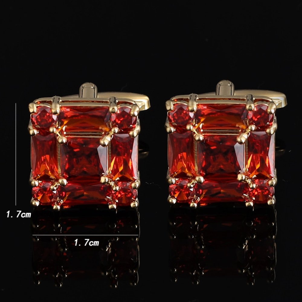 Close-up of mens gemstone cufflinks with red stone, ideal for formal wear