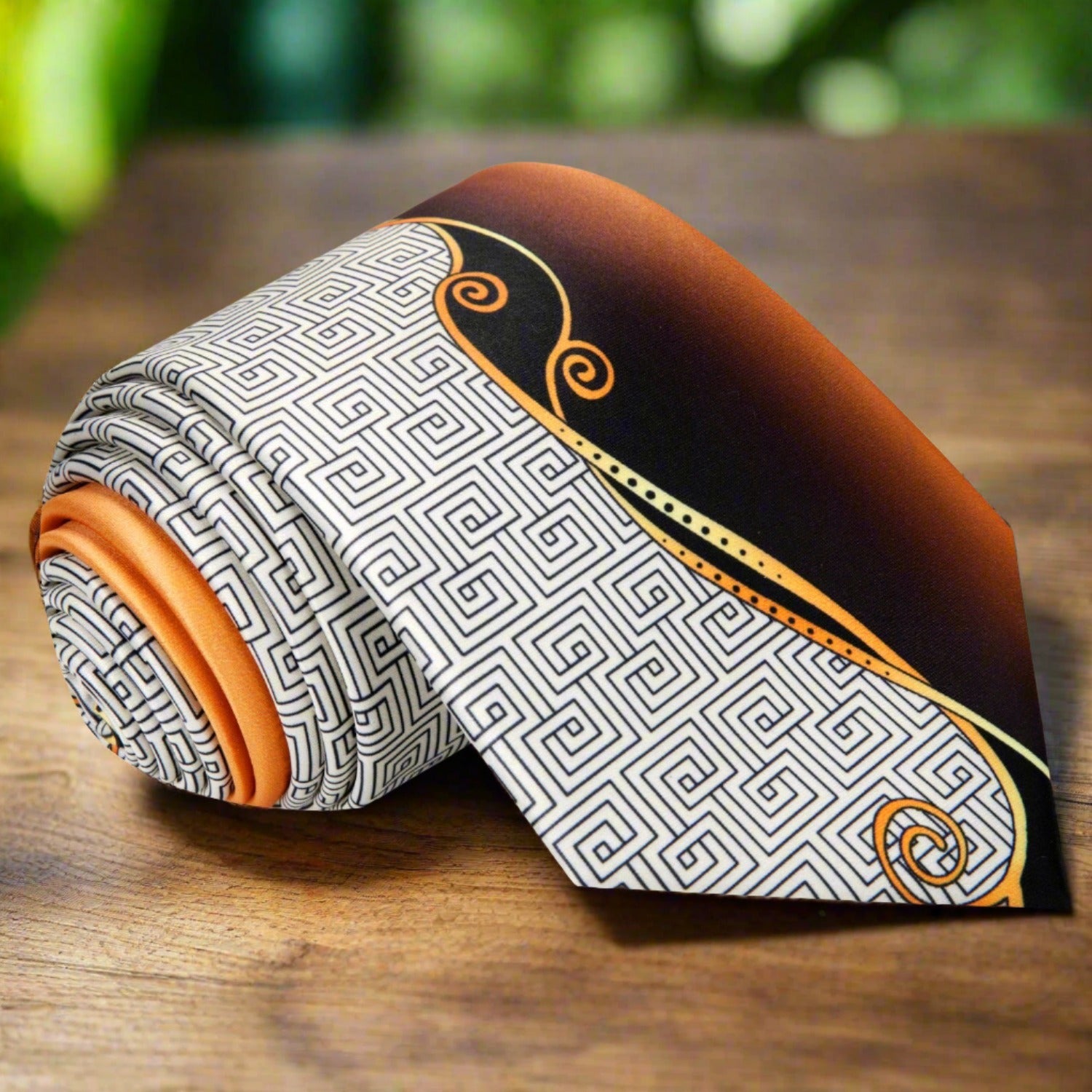 Gold and brown silk necktie with Greek key pattern displayed on a white background