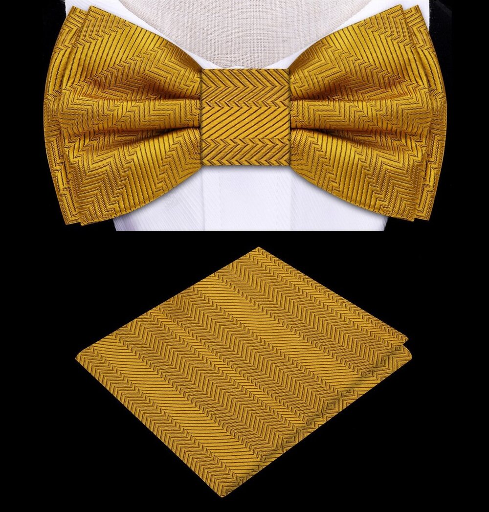Front view of kids golden amber bow tie and pocket square set for formal occasions