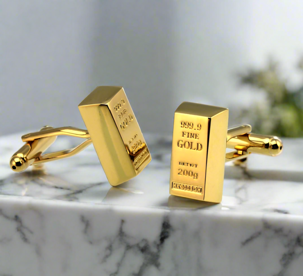 Gold Bar Cufflinks displayed elegantly, highlighting their intricate design and luxurious finish.