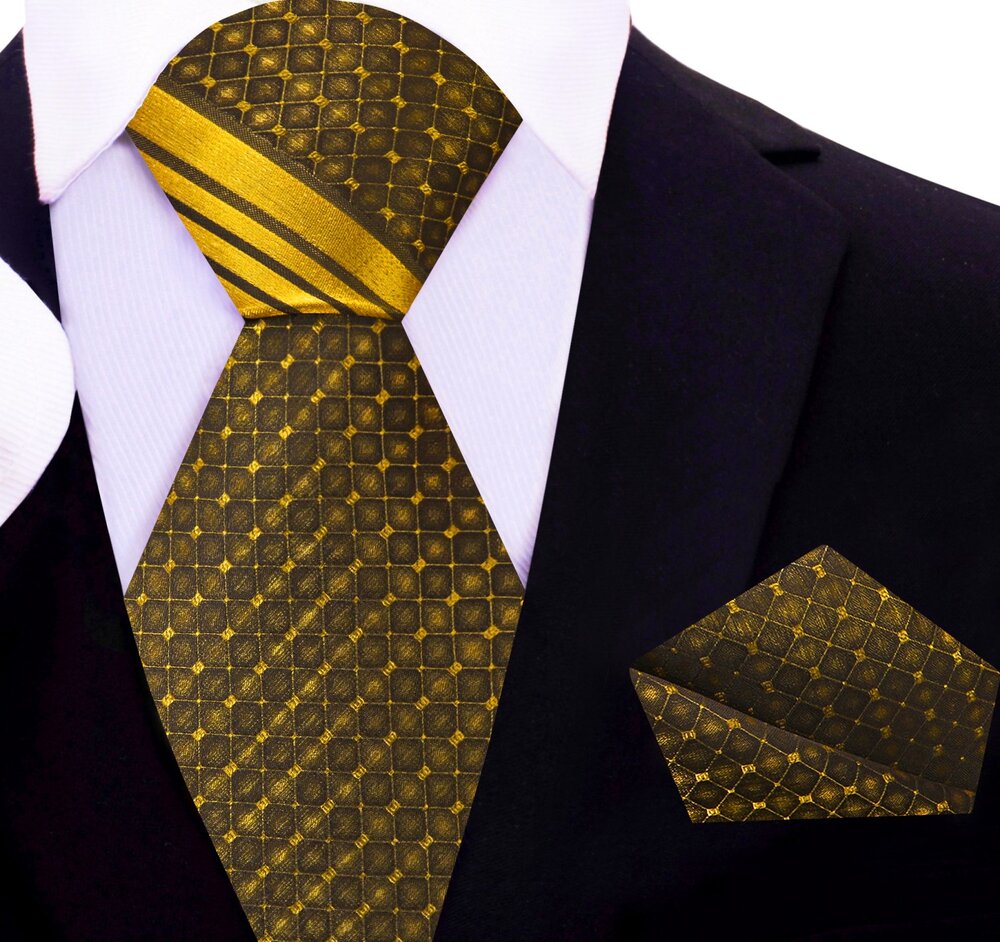 Elegant gold check pattern silk tie draped over a white shirt for formal occasions