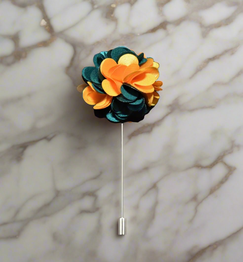 Collection of multi colored lapel pins, including flower and leaf designs, for accessories