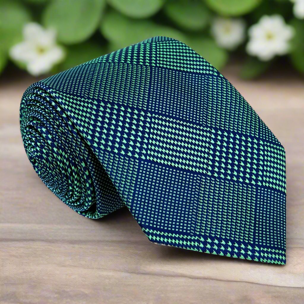 Close-up of stylish plaid silk tie with pocket square for formal wear
