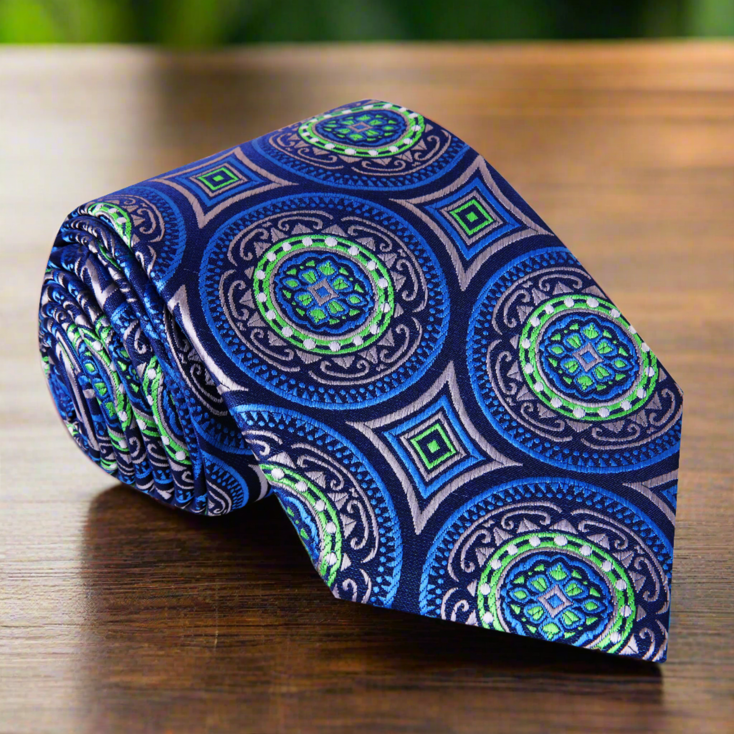 Close-up of abstract pattern silk tie in blue, green, and grey shades