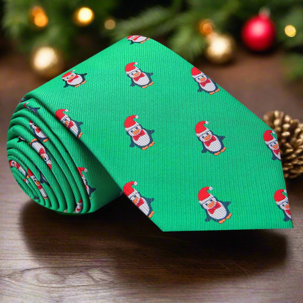 Close-up of the festive penguin silk necktie with vibrant colors and patterns.