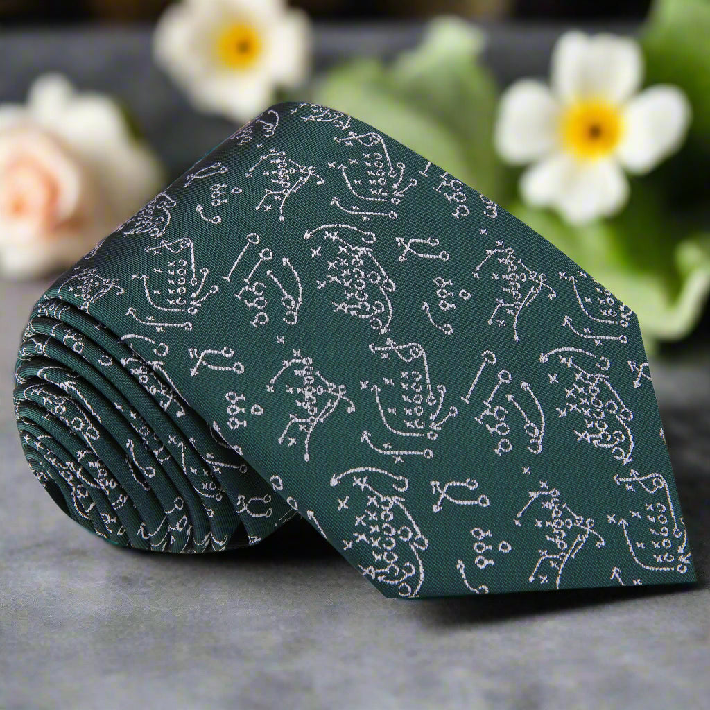 Close-up of men's football pattern necktie in green and grey for stylish office wear