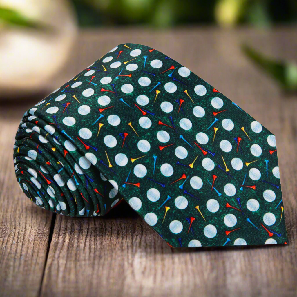Front view of the vibrant golf-themed silk tie with golf ball and tee patterns