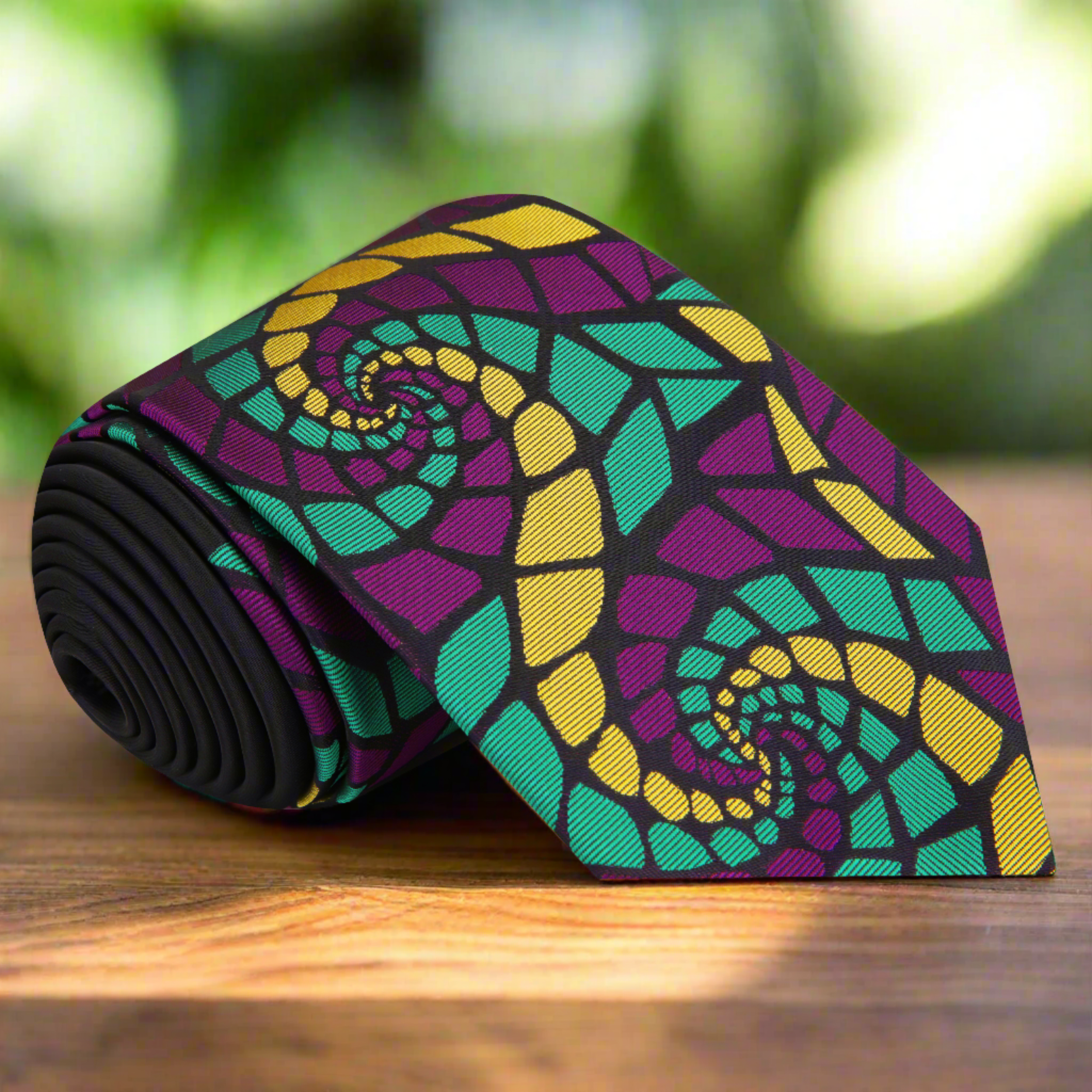 Close-up of silk tie in vibrant purple with subtle sheen, laid beside matching silk pocket square