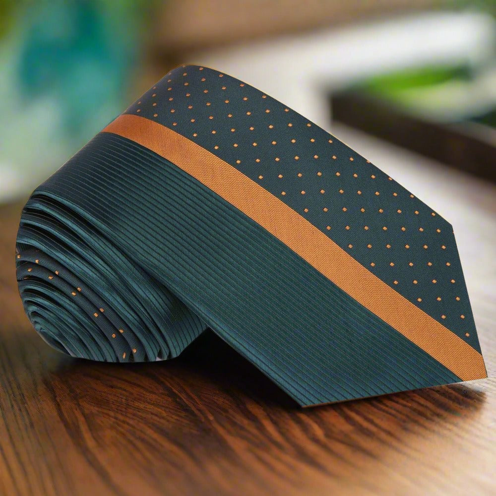 Green and gold striped silk necktie styled with a white shirt for wedding attire