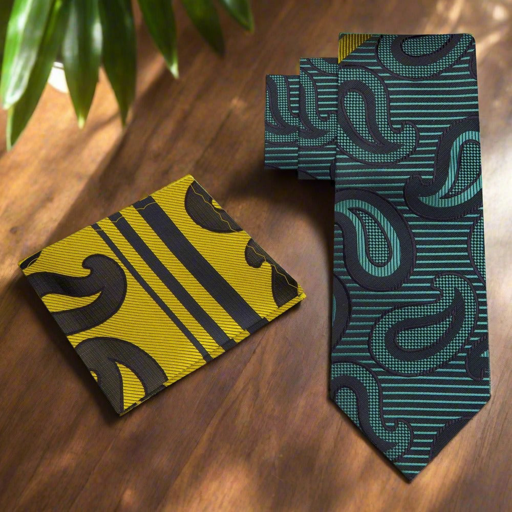 Elegant paisley silk necktie with intricate pattern in violet and gold for weddings