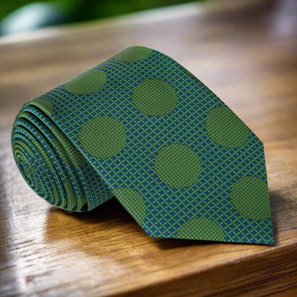 Man wearing a colorful polka dot tie at a wedding, displaying a stylish and confident look.