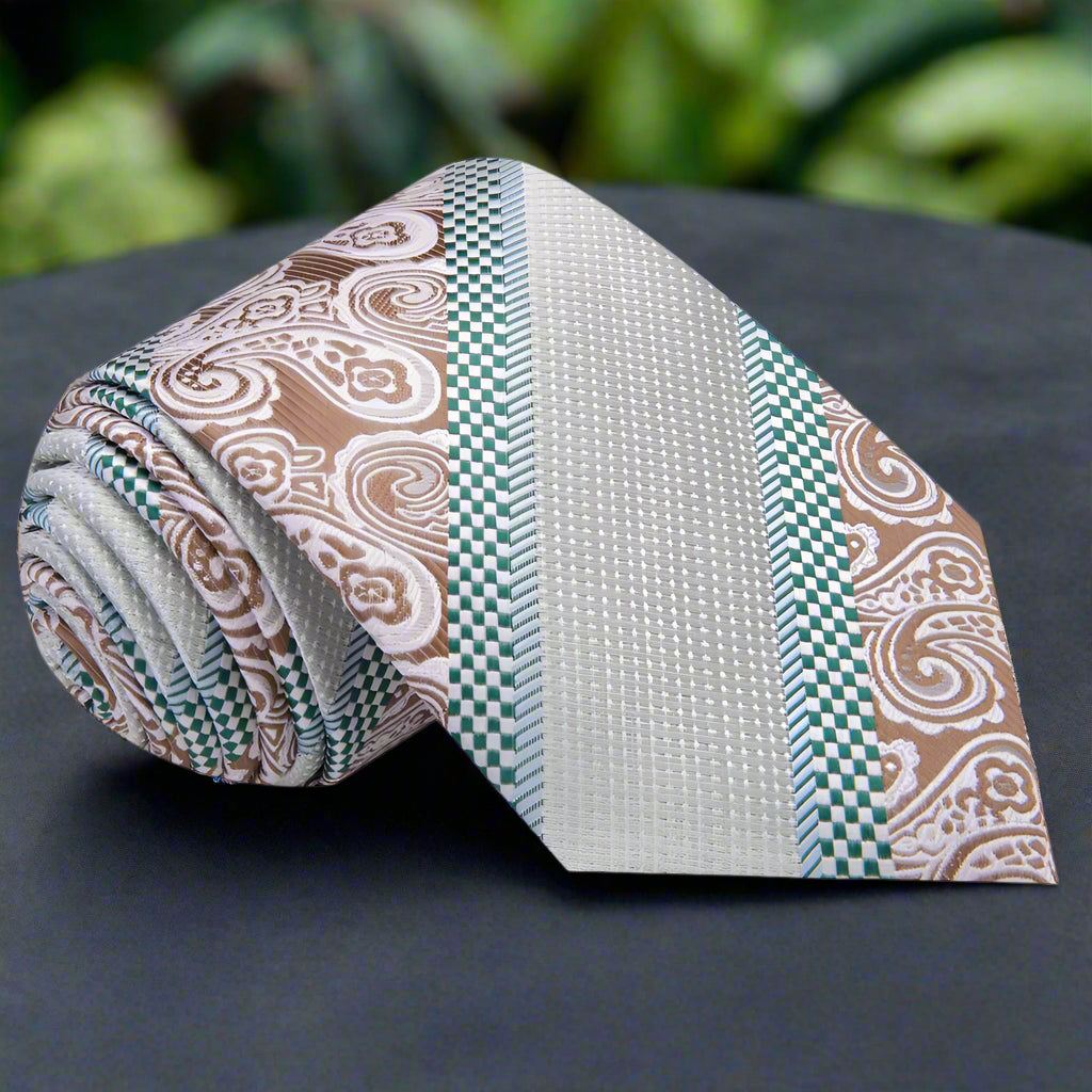 Close-up of green and brown paisley tie showing intricate pattern and texture