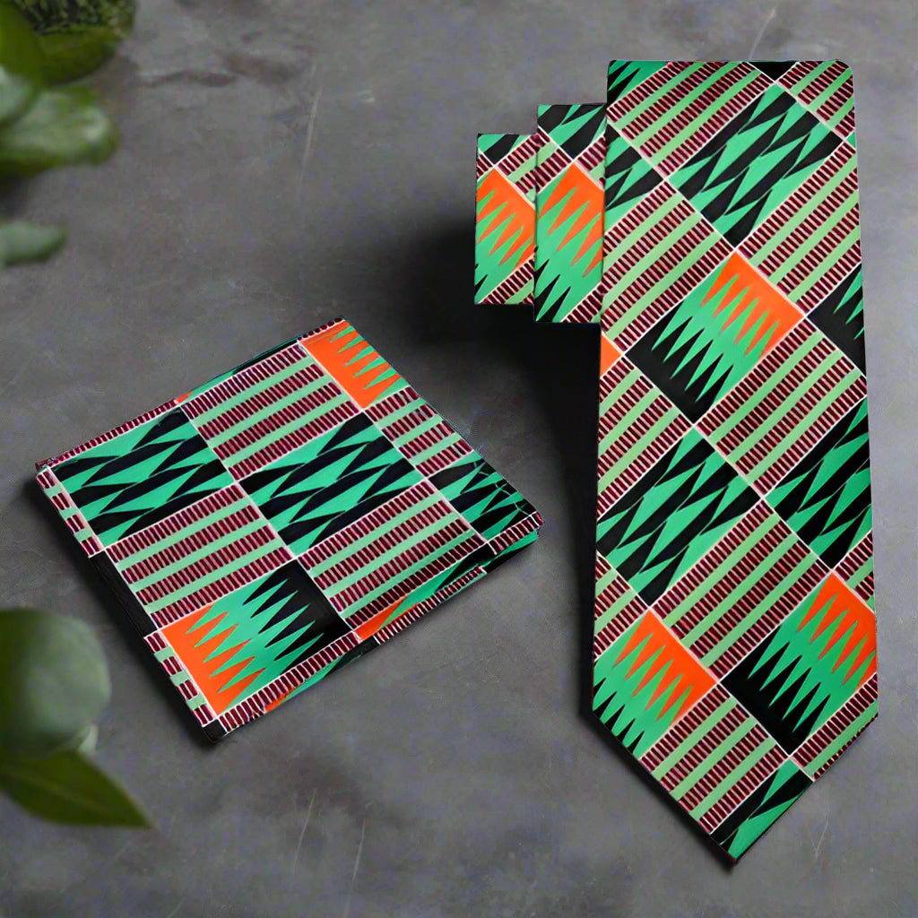 Close-up of Kente Elegance Necktie showcasing its vibrant colors and unique abstract pattern, ideal for formal occasions.
