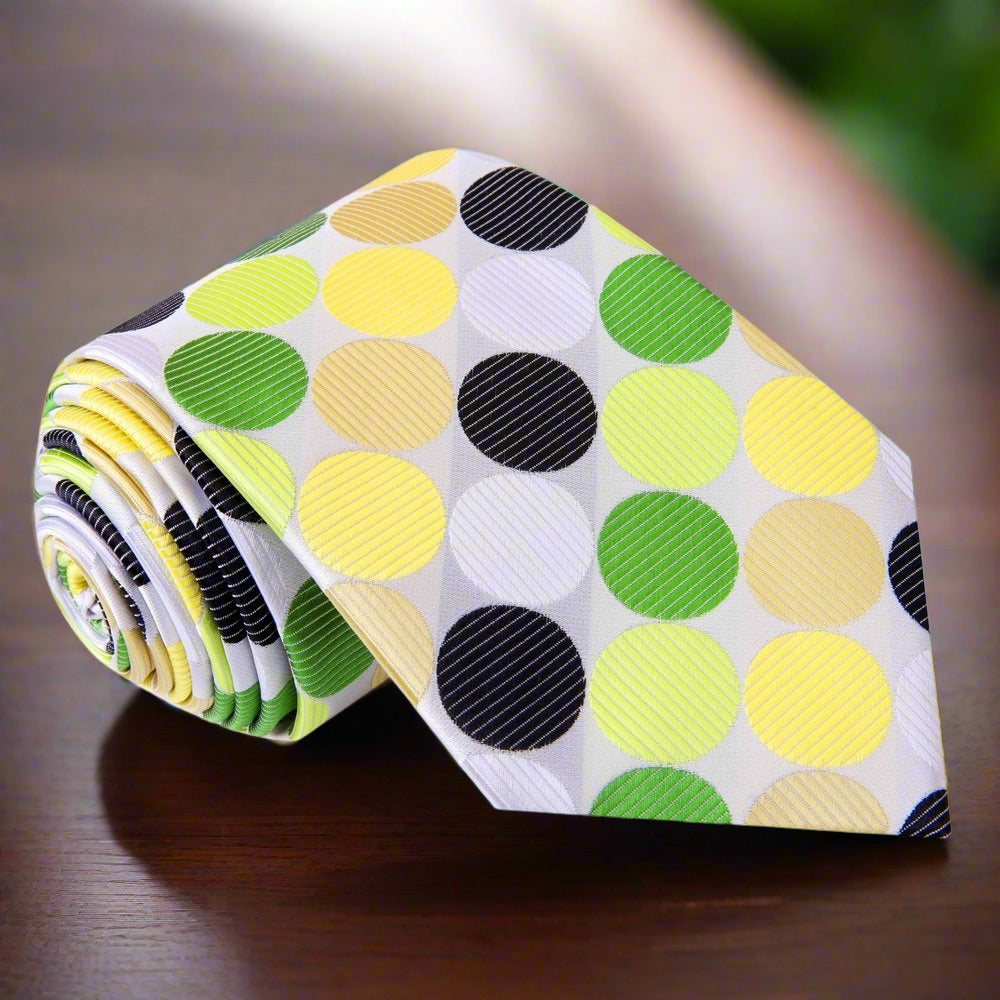 Man wearing a colorful polka dot tie at a wedding, displaying a stylish and confident look.