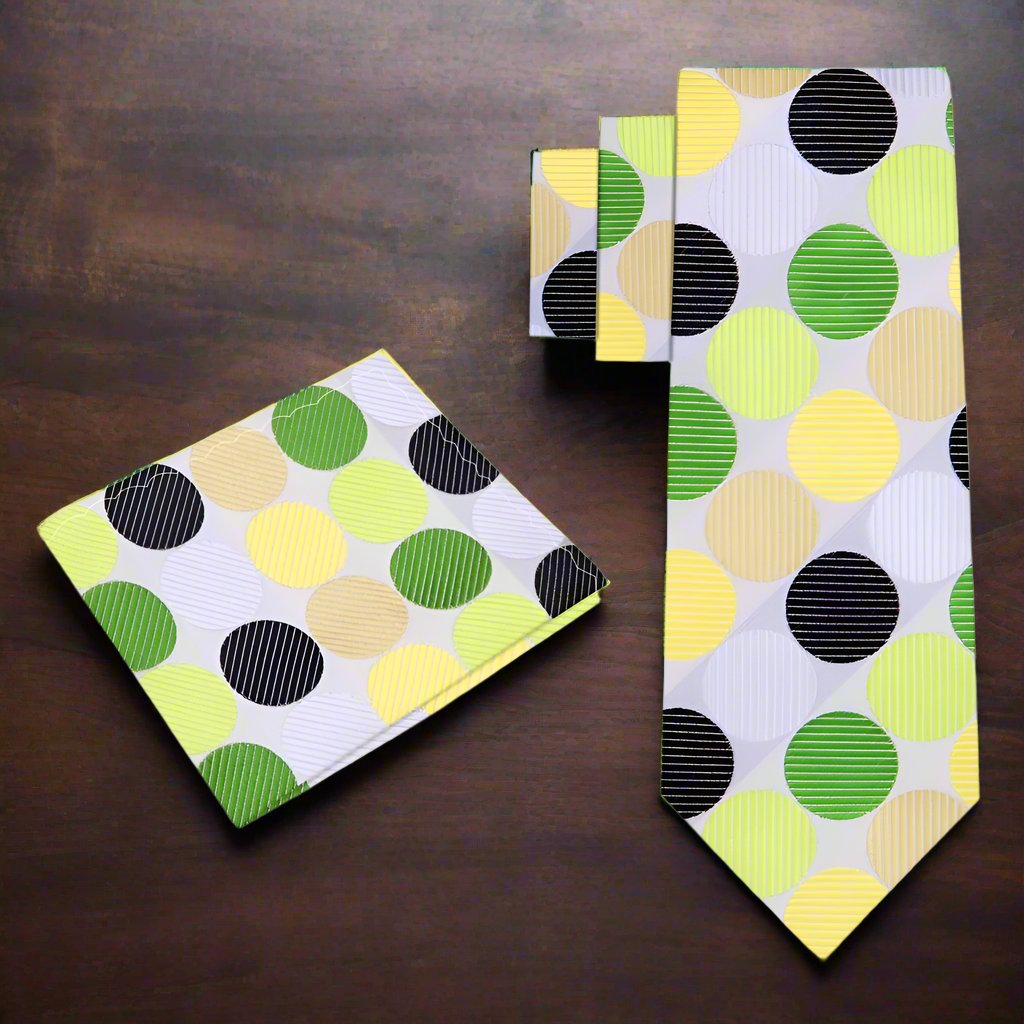 Close-up of the vibrant polka dot silk necktie, emphasizing the texture and quality of the fabric.