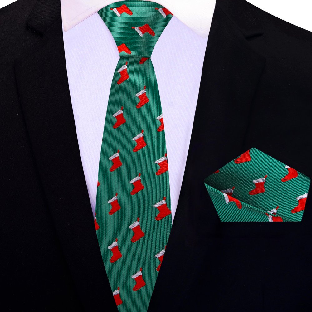 Close-up of Christmas stockings necktie with vibrant colors.